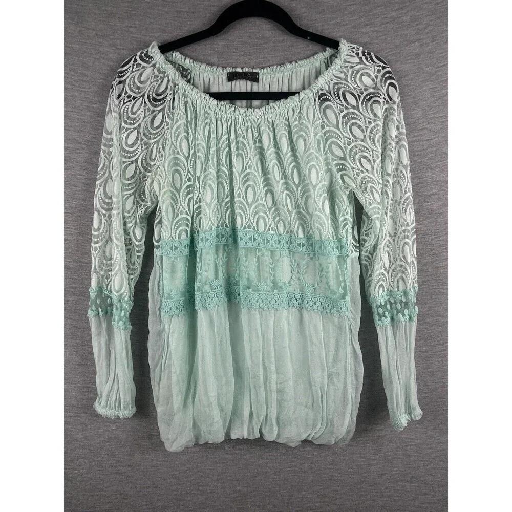 Lola Women's Blouse Green Silk Lace Long Sleeve Top Sz S / M Made in Italy - Picture 1 of 13